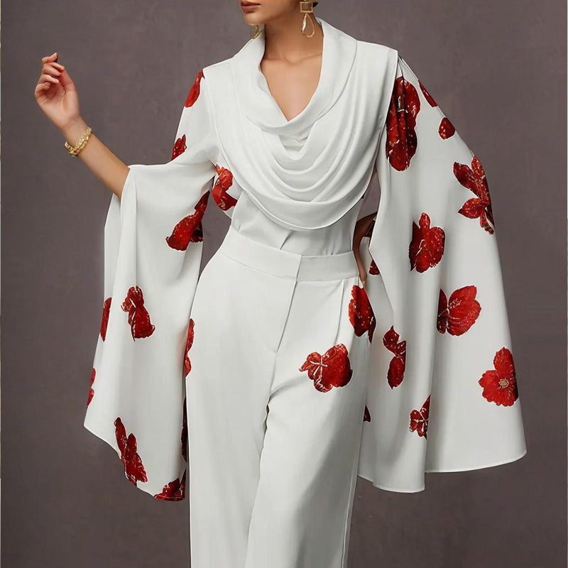 Driftwear Women’s Floral Print Mock Neck Long Sleeve Top & Wide Leg Pants Set